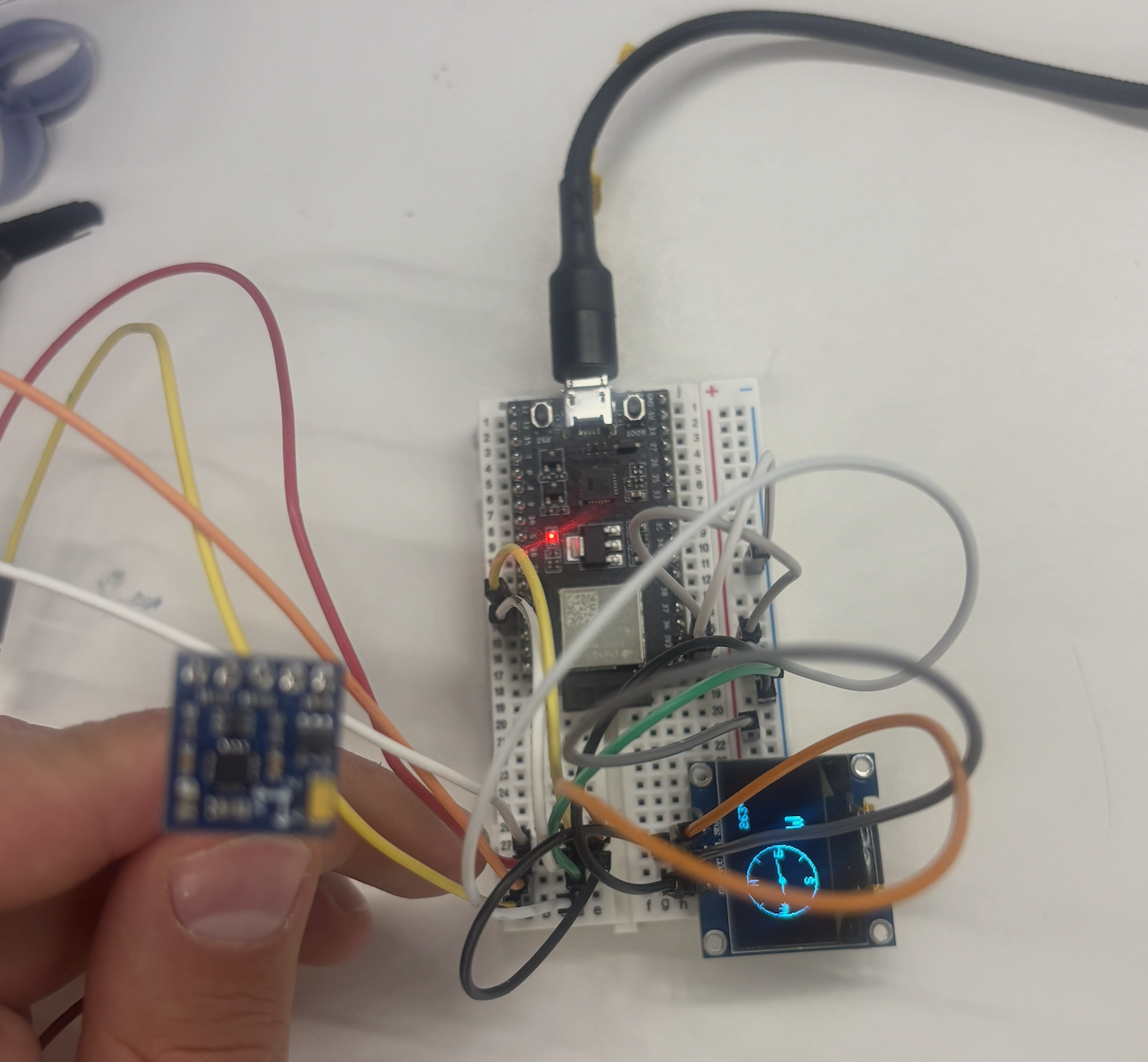 Bird's eye view of the compass: ESP32, GY-271 magnetometer, and OLED display